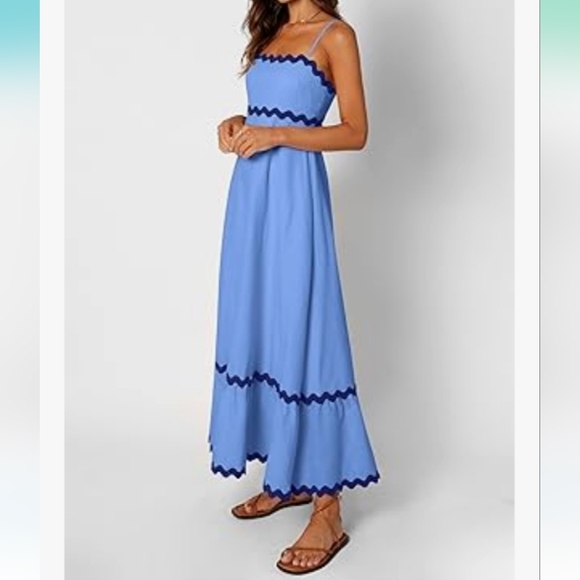 Kirundo Blue Spaghetti Strap Ric Rack Maxi Dress Size Medium NWT - Picture 3 of 11